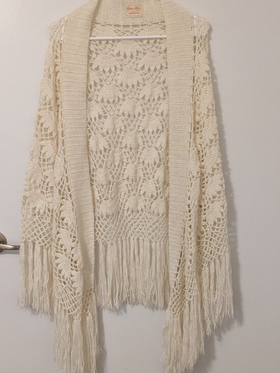 Hand Crafted Accessories - Hand Crochet Open Knit Shawl Wrap Lace Pattern Cream Fringe Boho Hippie
